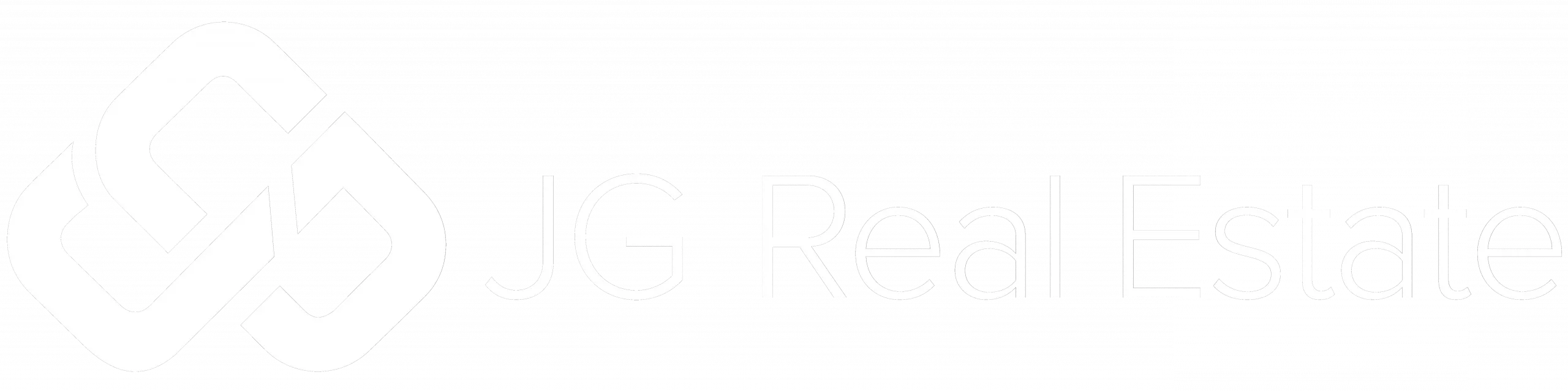 Logo von JG Real Estate mit stilisierten ineinandergreifenden Formen auf der linken Seite und dem Text „JG Real Estate“ in einer eleganten, modernen Schriftart auf der rechten Seite. Das Design ist monochromatisch.